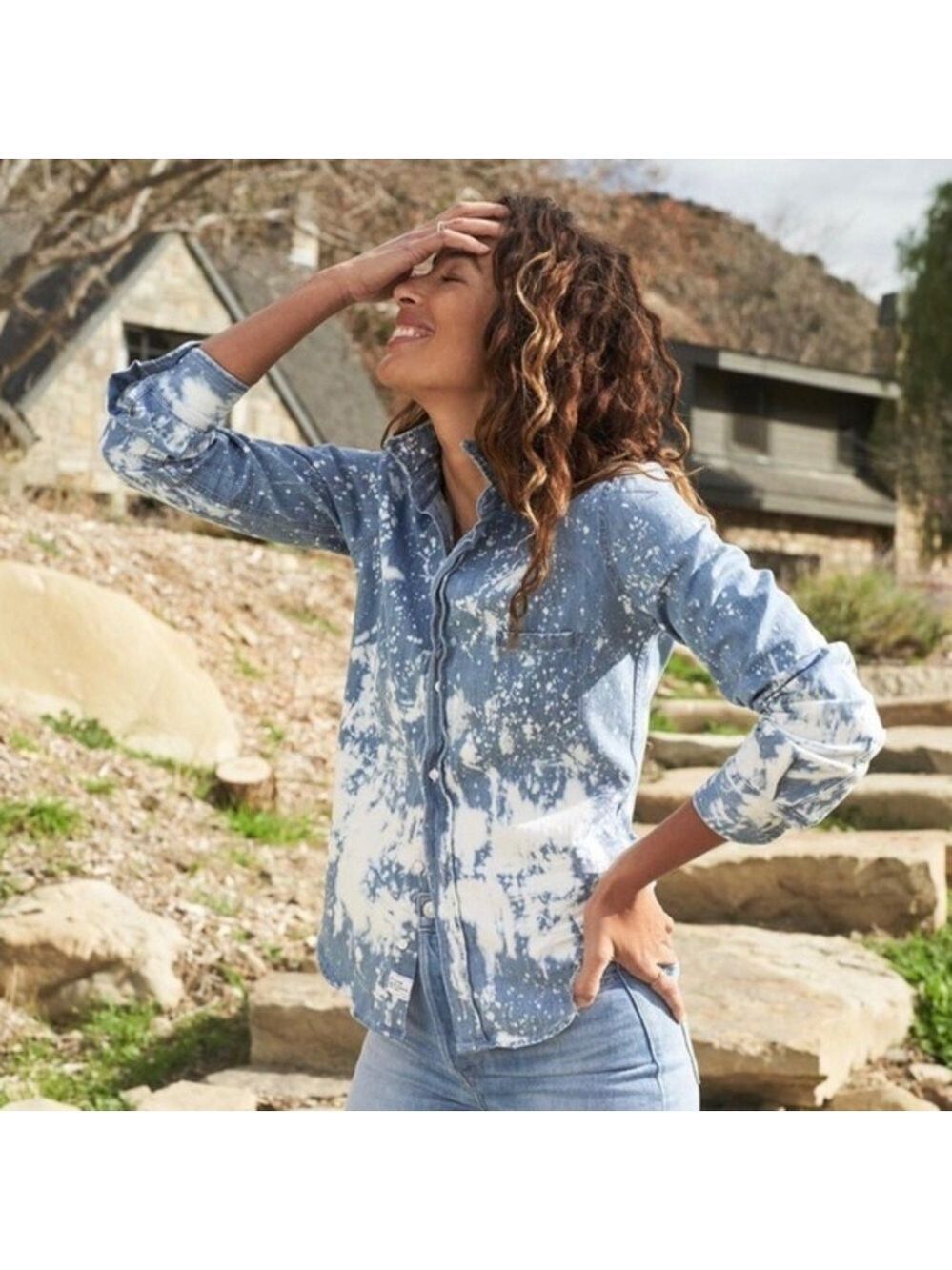 FRANK & EILEEN Eileen Bleach Splatter Denim Button-Up Shirt Splatter Size XS